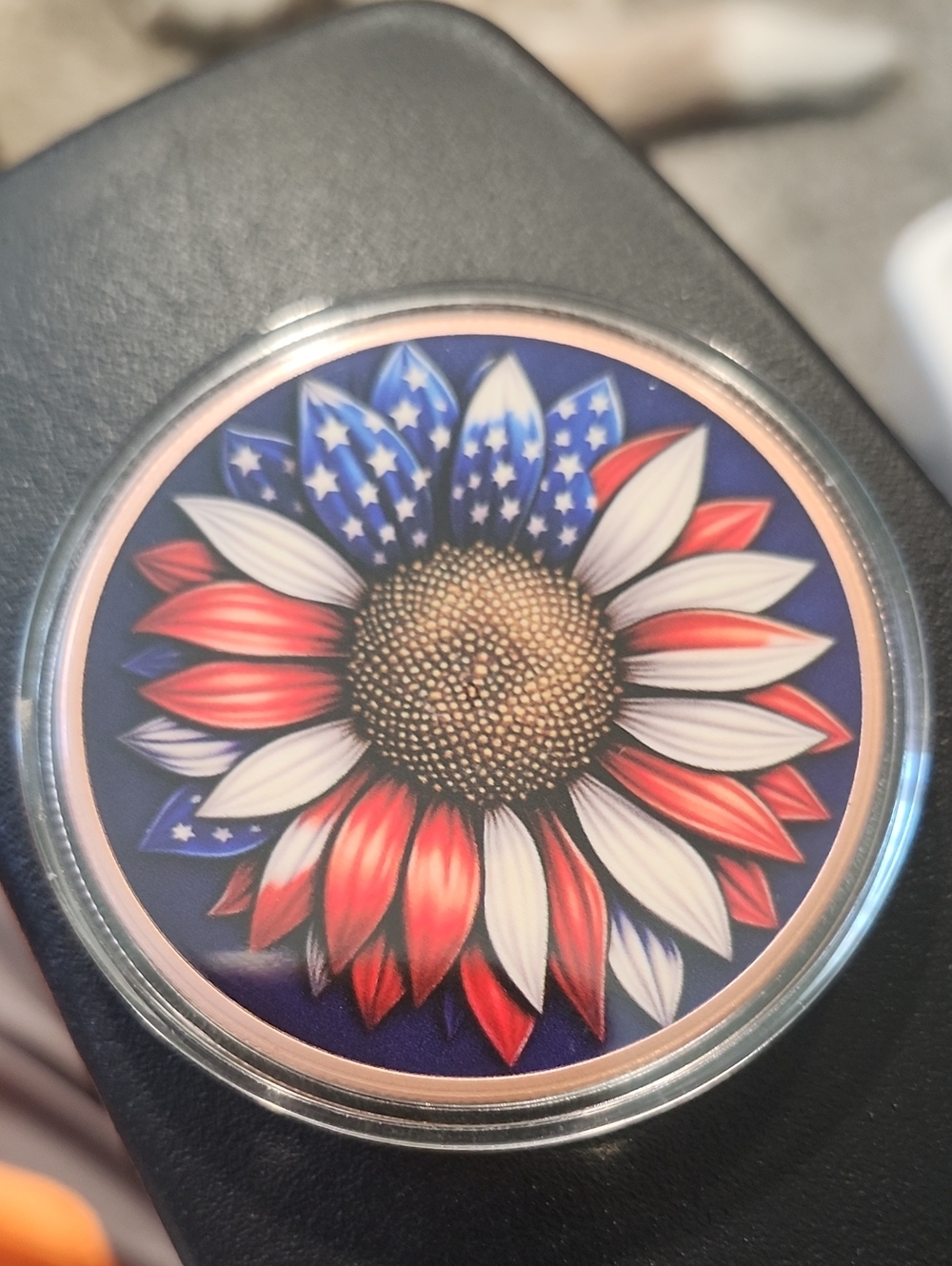 5oz Pure Copper Red,Wht., Blue Sunflower Copper Round
